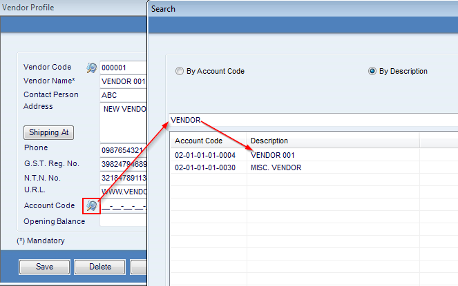 vendor account code, chart of accounts, esrp