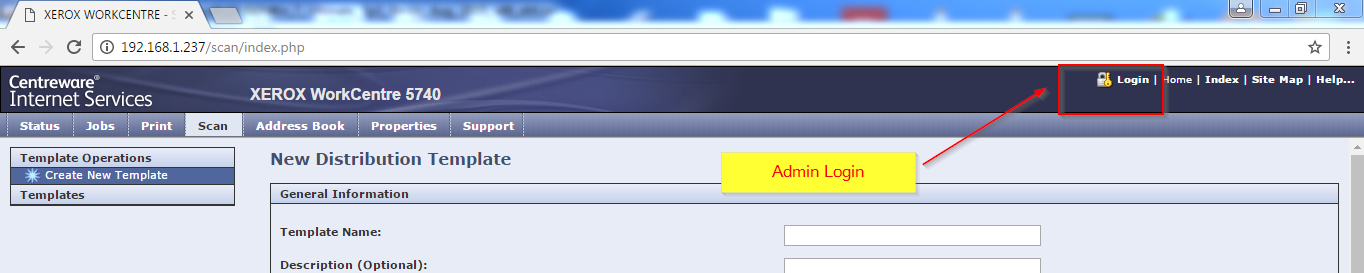 Xerox Admin Login Screen