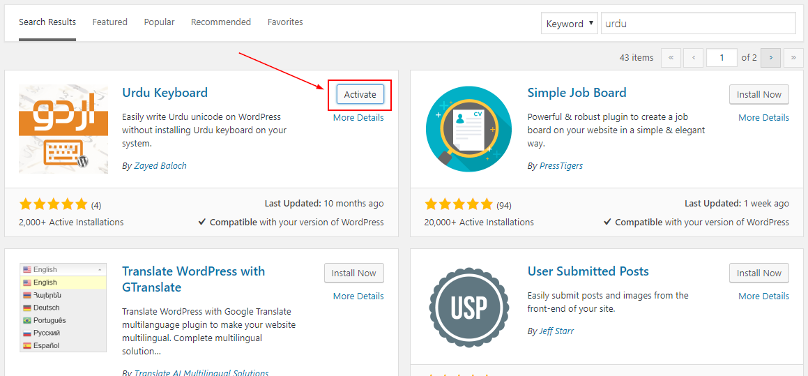 activateplugin-urdu in wordpress